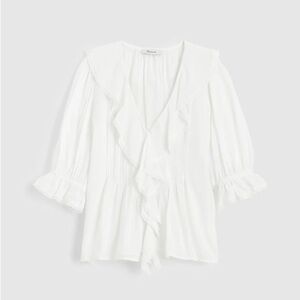 Madewell White Ruffle Front V-Neck Blouse